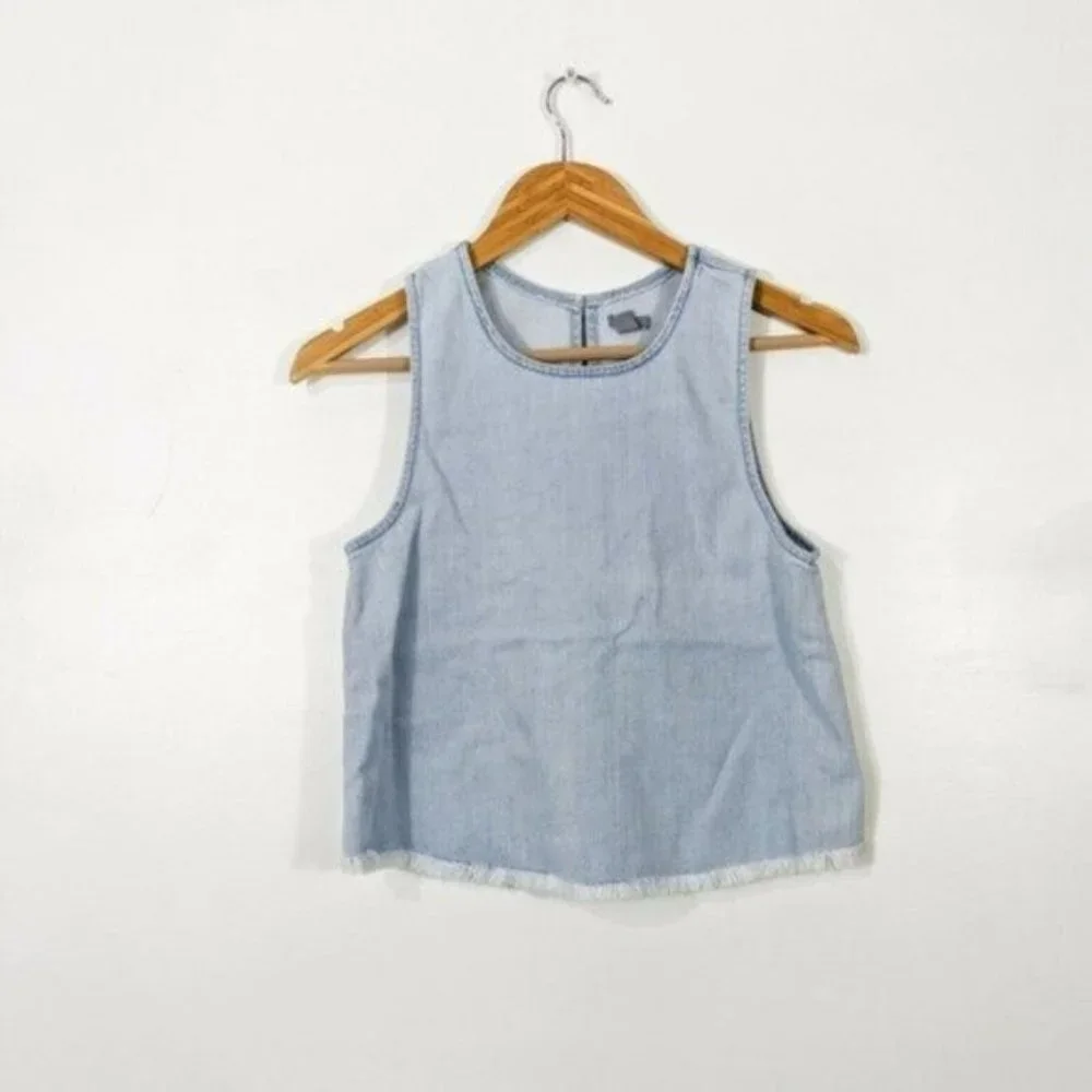 AERIE Light Blue Chambray Raw Hem Flyaway Tank Top Small - Picture 2 of 8